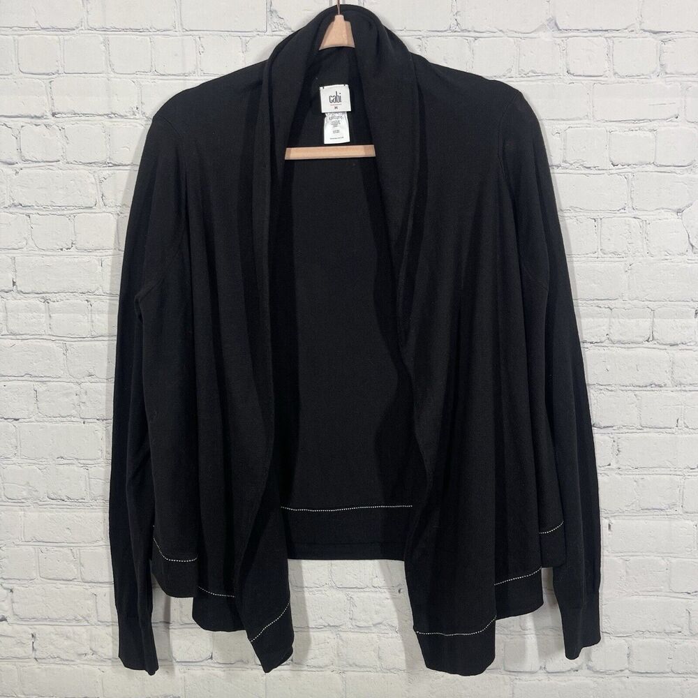 Cabi Women Open Cardigan Black White Stitching Medium Winsome Preppy Jacket